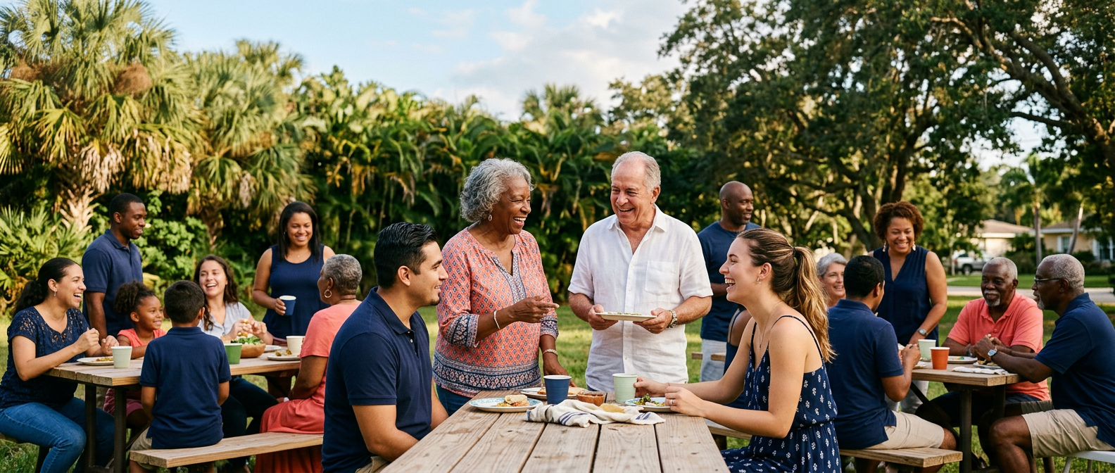 Neighbors gathering together at a community center